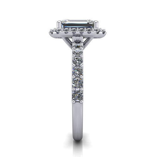 Mabel emerald halo engagement ring in Platinum, side profile showing the pave band and open basket