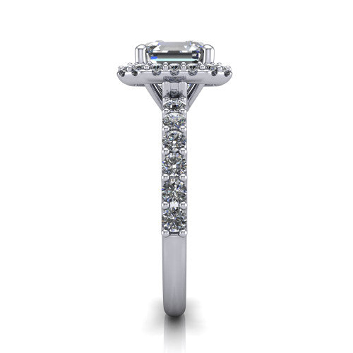 Mabel square emerald halo engagement ring in Platinum, side profile showing the pave band and open basket