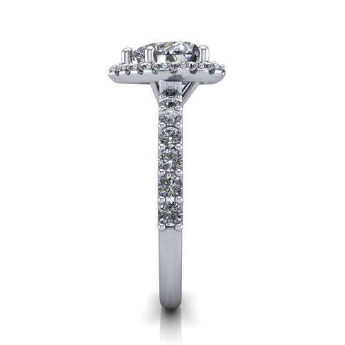 Mabel heart halo engagement ring in 14K White Gold, side profile showing the pave band and open basket