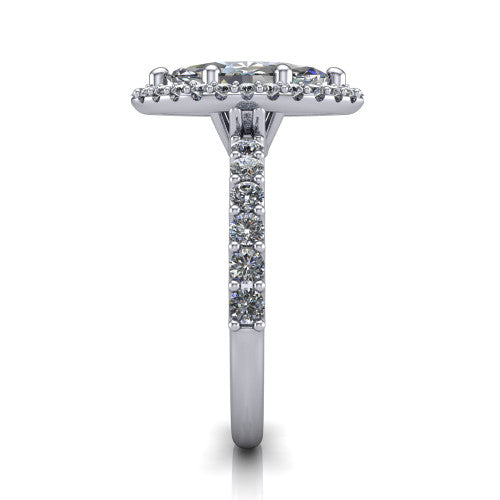 Mabel marquise halo engagement ring in 14K White Gold, side profile showing the pave band and open basket