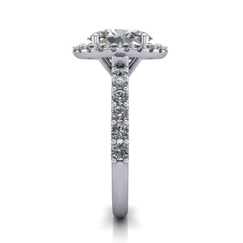 Mabel oval halo engagement ring in 14K White Gold, side profile showing the pave band and open basket