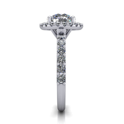 Mabel round halo engagement ring in 18K White Gold, side profile showing the pave band and open basket