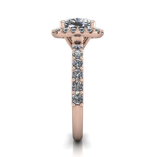 Mabel cushion halo engagement ring in 14K Rose Gold, side profile showing the pave band and open basket