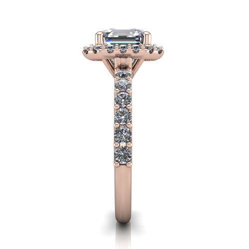 Mabel square emerald halo engagement ring in 18K Rose Gold, side profile showing the pave band and open basket