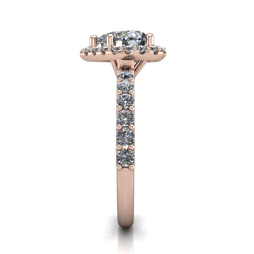 Mabel heart halo engagement ring in 18K Rose Gold, side profile showing the pave band and open basket