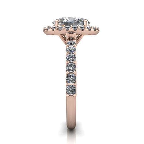 Mabel oval halo engagement ring in 14K Rose Gold, side profile showing the pave band and open basket