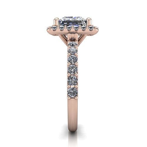 Mabel princess halo engagement ring in 14K Rose Gold, side profile showing the pave band and open basket