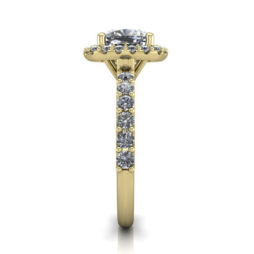Mabel cushion halo engagement ring in 14K Yellow Gold, side profile showing the pave band and open basket