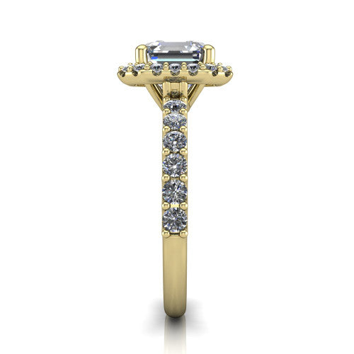 Mabel square emerald halo engagement ring in 18K Yellow Gold, side profile showing the pave band and open basket