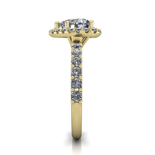 Mabel heart halo engagement ring in 18K Yellow Gold, side profile showing the pave band and open basket