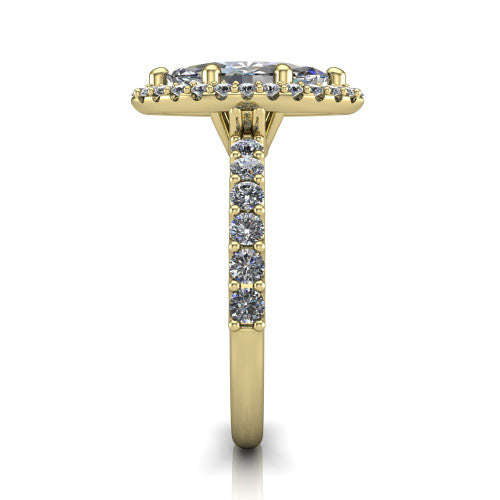 Mabel marquise halo engagement ring in 14K Yellow Gold, side profile showing the pave band and open basket
