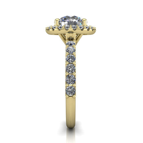 Mabel round halo engagement ring in 18K Yellow Gold, side profile showing the pave band and open basket