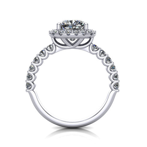 Mabel cushion halo engagement ring in Platinum, through-finger front profile showing the shared-prong pave band