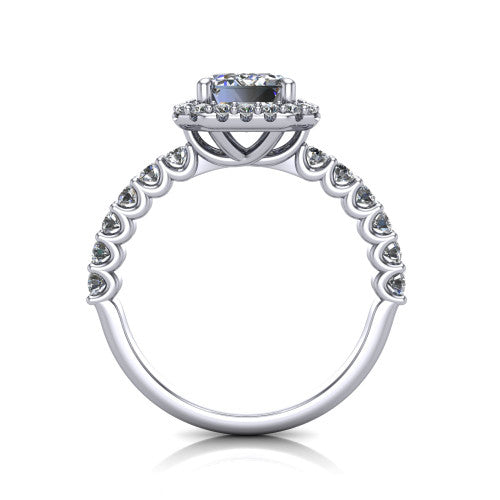 Mabel emerald halo engagement ring in 14K White Gold, through-finger front profile showing the shared-prong pave band