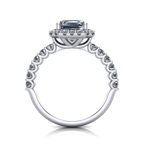 Mabel square emerald halo engagement ring in 18K White Gold, through-finger front profile showing the shared-prong pave band