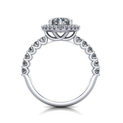 Mabel heart halo engagement ring in 14K White Gold, through-finger front profile showing the shared-prong pave band