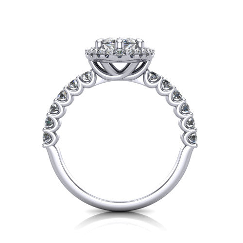 Mabel marquise halo engagement ring in 18K White Gold, through-finger front profile showing the shared-prong pave band