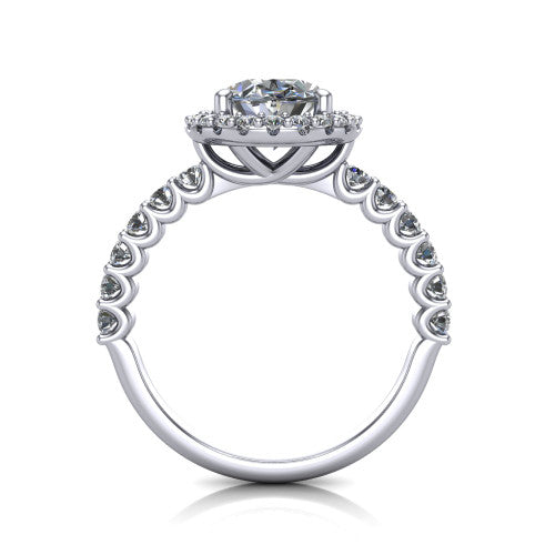 Mabel oval halo engagement ring in Platinum, through-finger front profile showing the shared-prong pave band