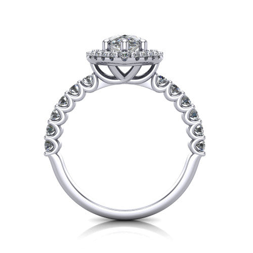 Mabel pear halo engagement ring in 14K White Gold, through-finger front profile showing the shared-prong pave band