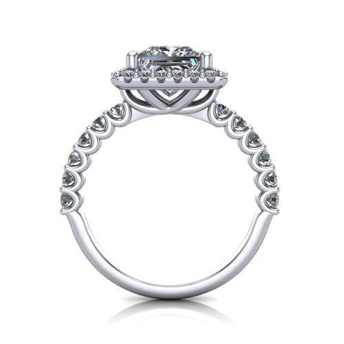 Mabel princess halo engagement ring in Platinum, through-finger front profile showing the shared-prong pave band