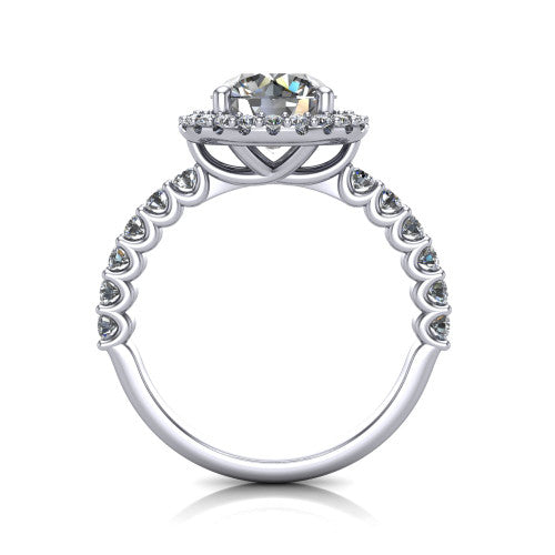 Mabel round halo engagement ring in 18K White Gold, through-finger front profile showing the shared-prong pave band