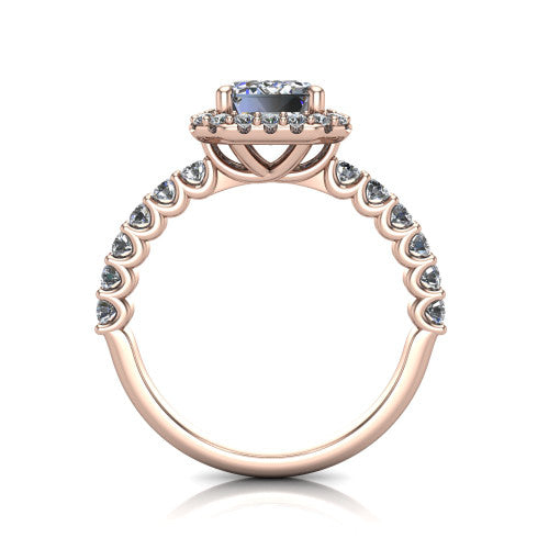 Mabel emerald halo engagement ring in 18K Rose Gold, through-finger front profile showing the shared-prong pave band