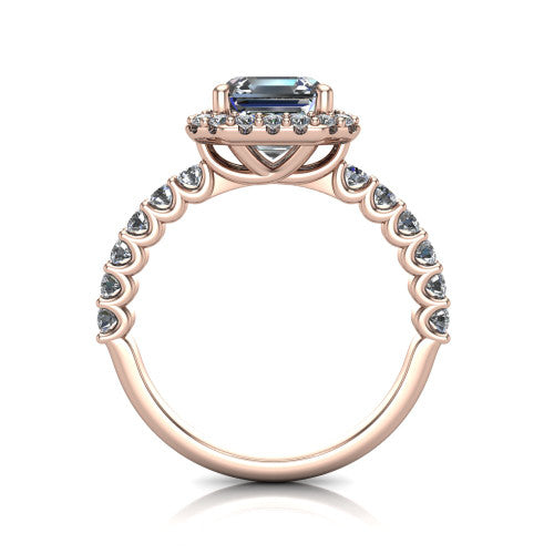 Mabel square emerald halo engagement ring in 14K Rose Gold, through-finger front profile showing the shared-prong pave band