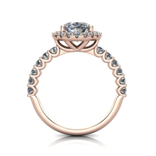Mabel oval halo engagement ring in 14K Rose Gold, through-finger front profile showing the shared-prong pave band