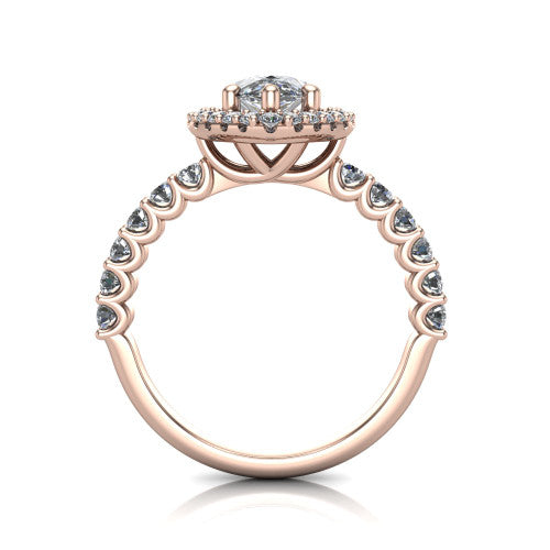 Mabel pear halo engagement ring in 18K Rose Gold, through-finger front profile showing the shared-prong pave band