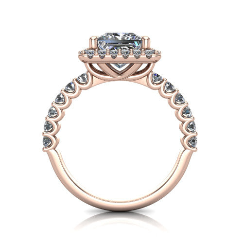 Mabel princess halo engagement ring in 18K Rose Gold, through-finger front profile showing the shared-prong pave band