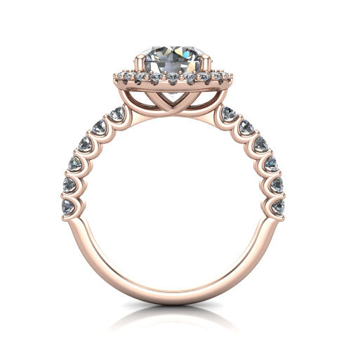 Mabel round halo engagement ring in 18K Rose Gold, through-finger front profile showing the shared-prong pave band