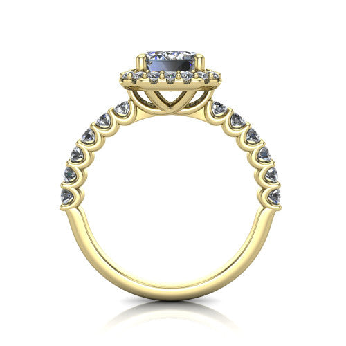Mabel emerald halo engagement ring in 14K Yellow Gold, through-finger front profile showing the shared-prong pave band