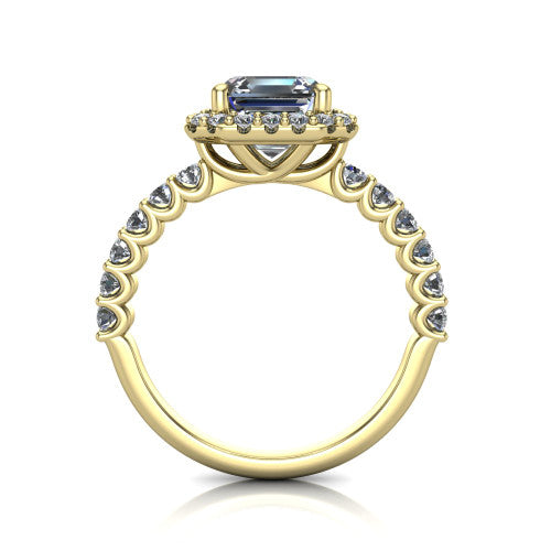 Mabel square emerald halo engagement ring in 18K Yellow Gold, through-finger front profile showing the shared-prong pave band