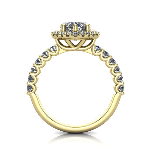 Mabel heart halo engagement ring in 14K Yellow Gold, through-finger front profile showing the shared-prong pave band