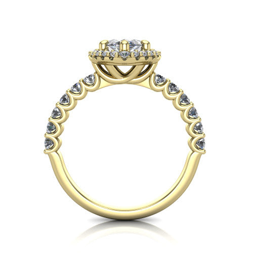 Mabel marquise halo engagement ring in 18K Yellow Gold, through-finger front profile showing the shared-prong pave band