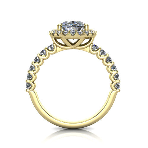Mabel oval halo engagement ring in 18K Yellow Gold, through-finger front profile showing the shared-prong pave band