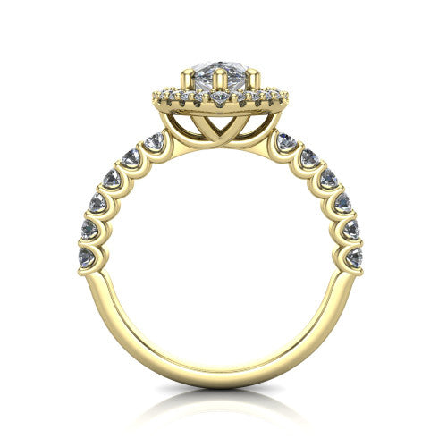 Mabel pear halo engagement ring in 18K Yellow Gold, through-finger front profile showing the shared-prong pave band