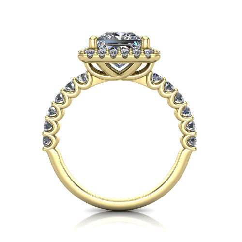 Mabel princess halo engagement ring in 14K Yellow Gold, through-finger front profile showing the shared-prong pave band
