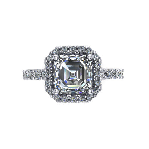 Mabel square emerald halo engagement ring in 14K White Gold, top-down view showing the square emerald center diamond framed by a pave halo