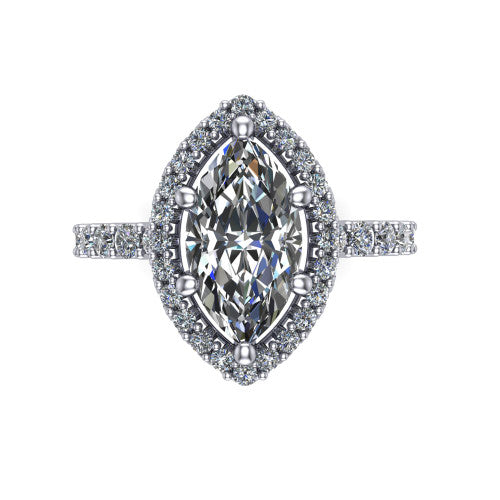 Mabel marquise halo engagement ring in 18K White Gold, top-down view showing the marquise center diamond framed by a pave halo