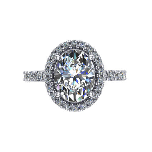 Mabel oval halo engagement ring in 18K White Gold, top-down view showing the oval center diamond framed by a pave halo