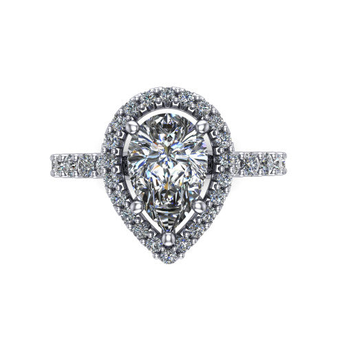 Mabel pear halo engagement ring in Platinum, top-down view showing the pear center diamond framed by a pave halo