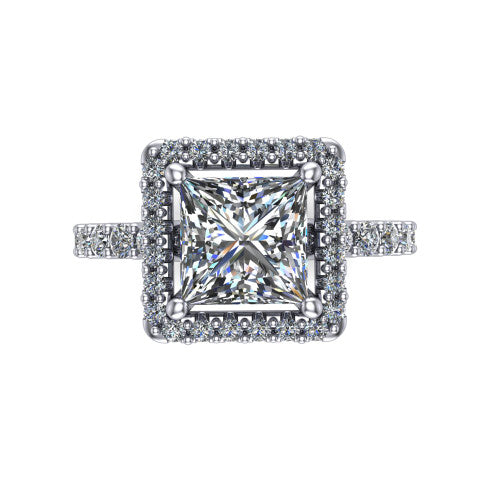 Mabel princess halo engagement ring in 14K White Gold, top-down view showing the princess center diamond framed by a pave halo