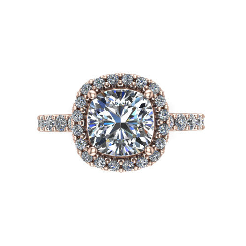 Mabel cushion halo engagement ring in 18K Rose Gold, top-down view showing the cushion center diamond framed by a pave halo