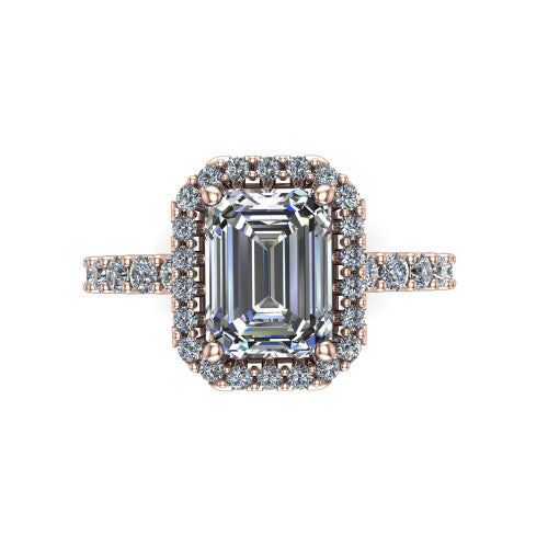 Mabel emerald halo engagement ring in 18K Rose Gold, top-down view showing the emerald center diamond framed by a pave halo