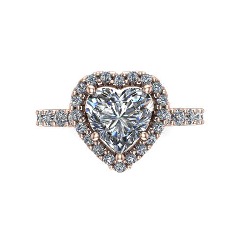 Mabel heart halo engagement ring in 18K Rose Gold, top-down view showing the heart center diamond framed by a pave halo