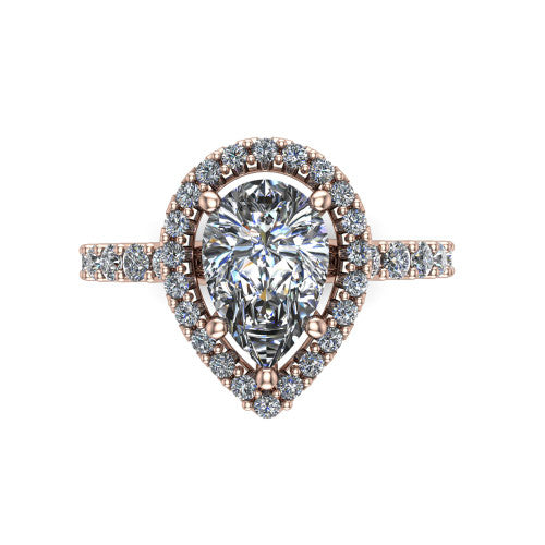 Mabel pear halo engagement ring in 18K Rose Gold, top-down view showing the pear center diamond framed by a pave halo