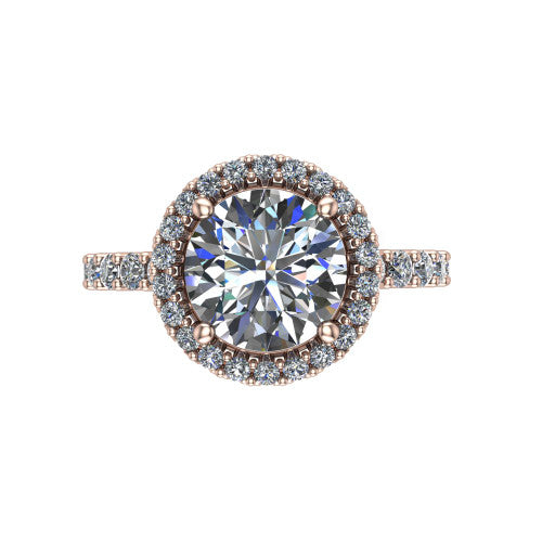Mabel round halo engagement ring in 18K Rose Gold, top-down view showing the round center diamond framed by a pave halo