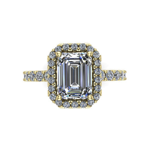Mabel emerald halo engagement ring in 18K Yellow Gold, top-down view showing the emerald center diamond framed by a pave halo