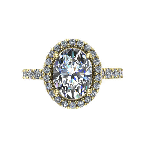 Mabel oval halo engagement ring in 14K Yellow Gold, top-down view showing the oval center diamond framed by a pave halo